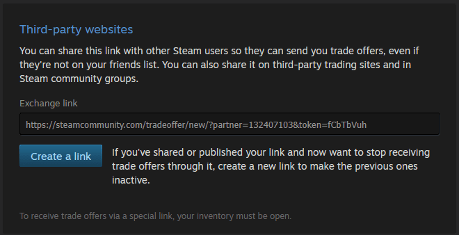 Steam trade-offer dialog with the Exchange link highlighted